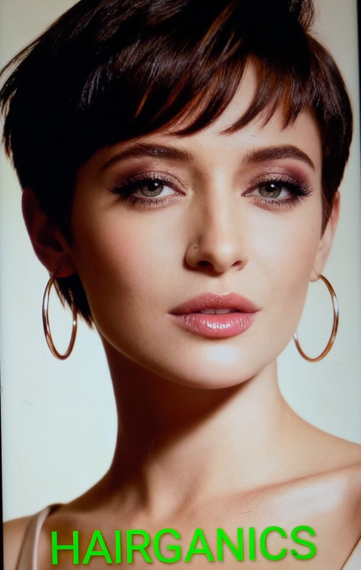 Ladies brunette pixie cut styled with Hairganics organic colour
