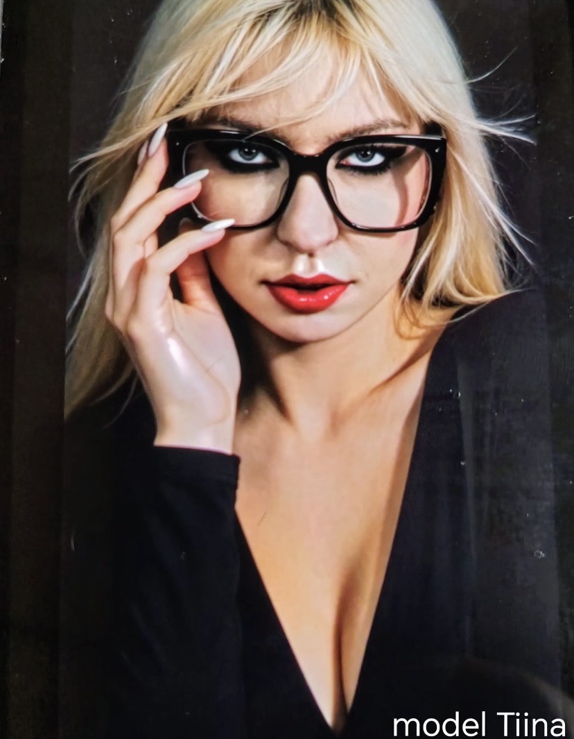 Blonde model Tiina with sleek black glasses and a sharp dark neckline